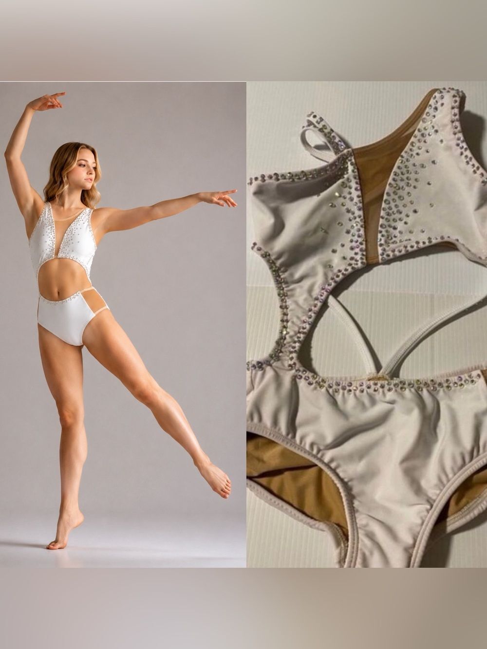 AA dance design costume solo white custom illusion clover leotard XSA XS adul